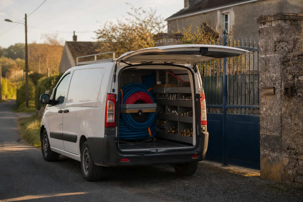 Camionnette d&rsquo;artisan plombier garée devant un portail de maison de bourg en fin de journée