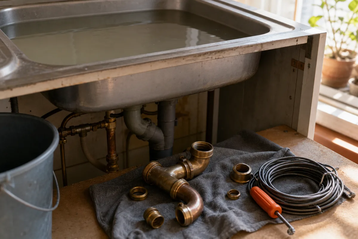 Évier de cuisine dont l&rsquo;eau stagne, siphon en laiton démonté posé sur un chiffon