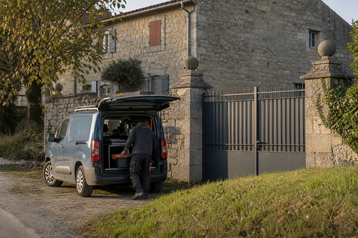 Camionnette d&rsquo;artisan plombier garée devant le portail d&rsquo;une maison de bourg au bout d&rsquo;une route de campagne