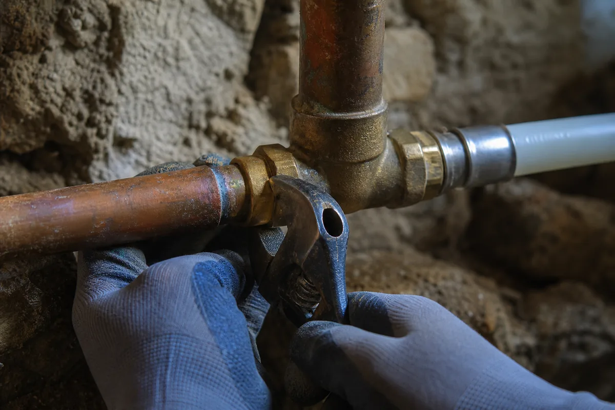 Gros plan de raccords en cuivre et en laiton sur une canalisation ancienne dans la cave d&rsquo;une maison de campagne