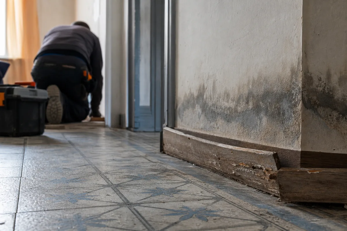 Mur intérieur d&rsquo;une maison ancienne présentant une auréole d&rsquo;humidité en pied de cloison, lumière rasante de fin de journée