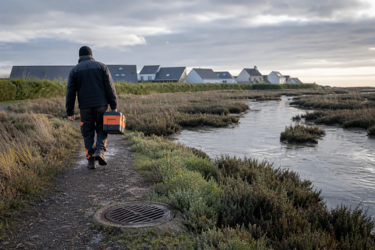 Estran et marais littoraux d&rsquo;Angoulins en fin de journée, chemin bas longeant des lotissements