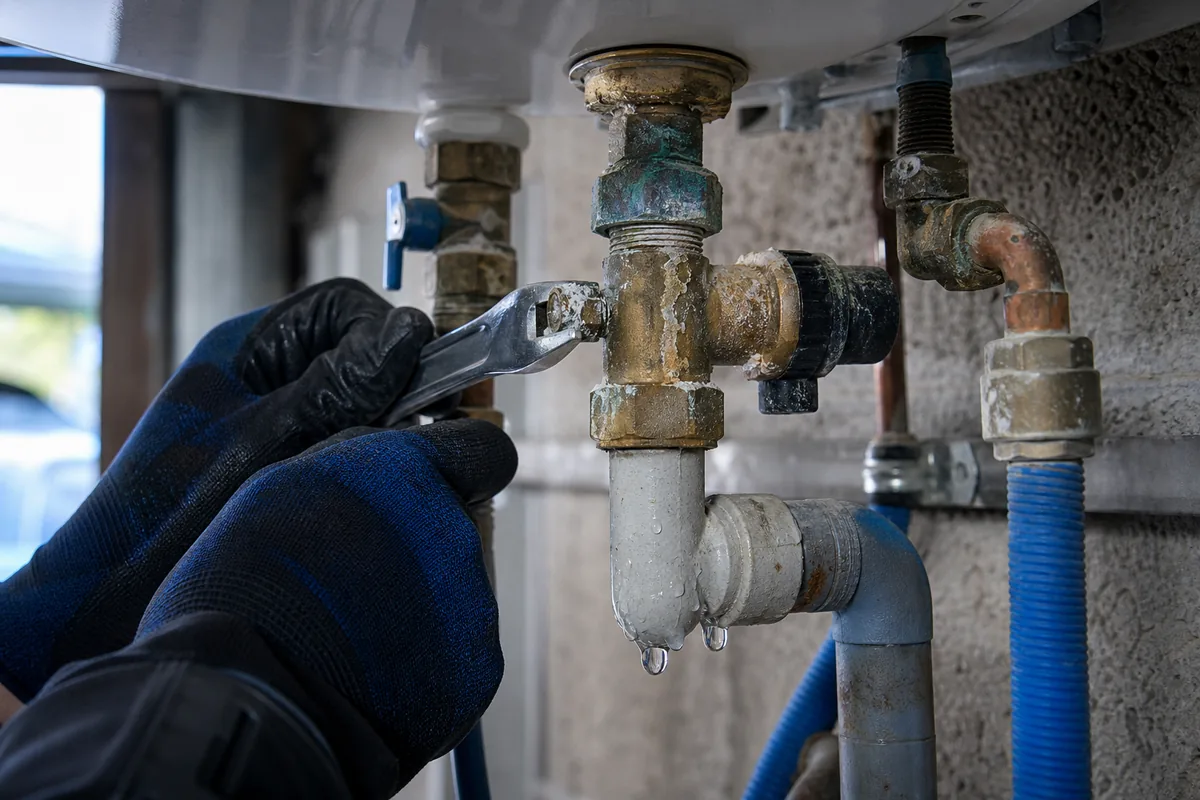 Gros plan sur un groupe de sécurité en laiton corrodé par l&rsquo;air salin sous un chauffe-eau de garage