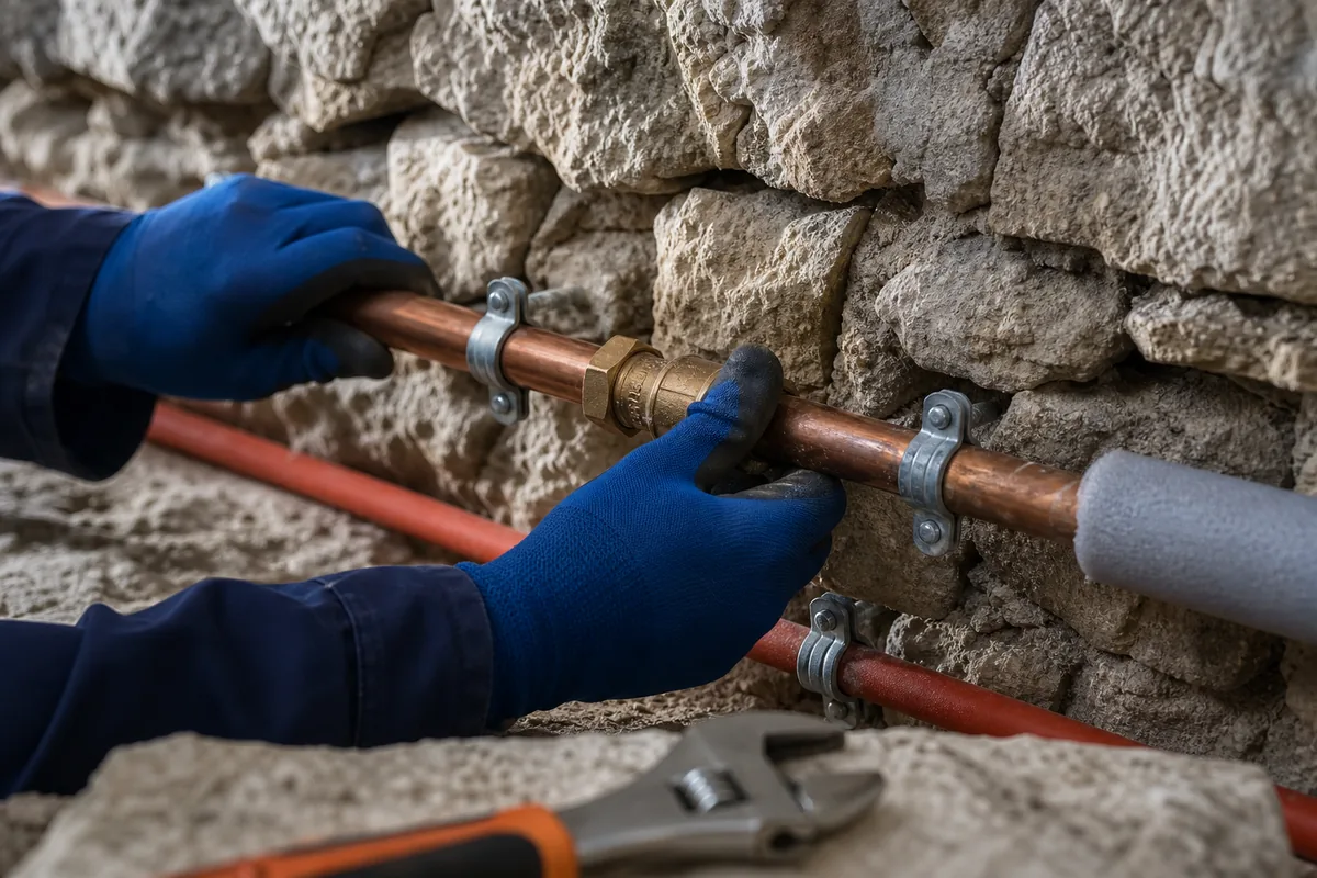 Mains gantées inspectant une canalisation de cuivre fixée en applique sur un mur en pierre sèche