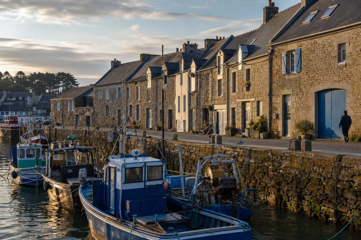 Maisons de pêcheurs en pierre au bord du port du Rosmeur à Douarnenez en fin de journée