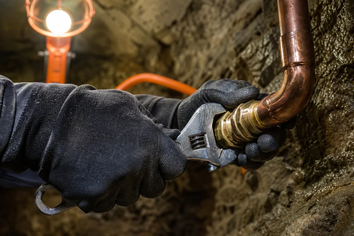 Mains d&rsquo;artisan resserrant un raccord en laiton sur une canalisation en cuivre dans une cave humide