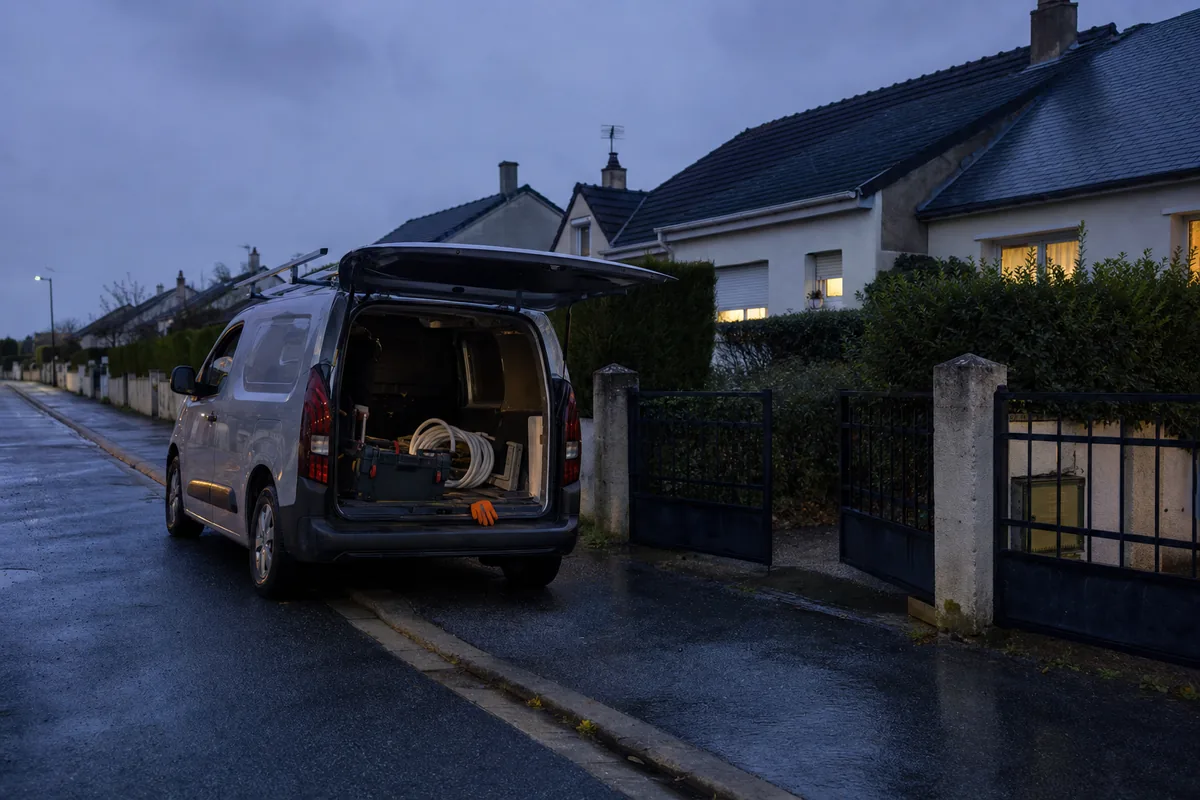 Rue pavillonnaire de la banlieue de Dreux en fin de journée, camionnette d’artisan garée devant un portail