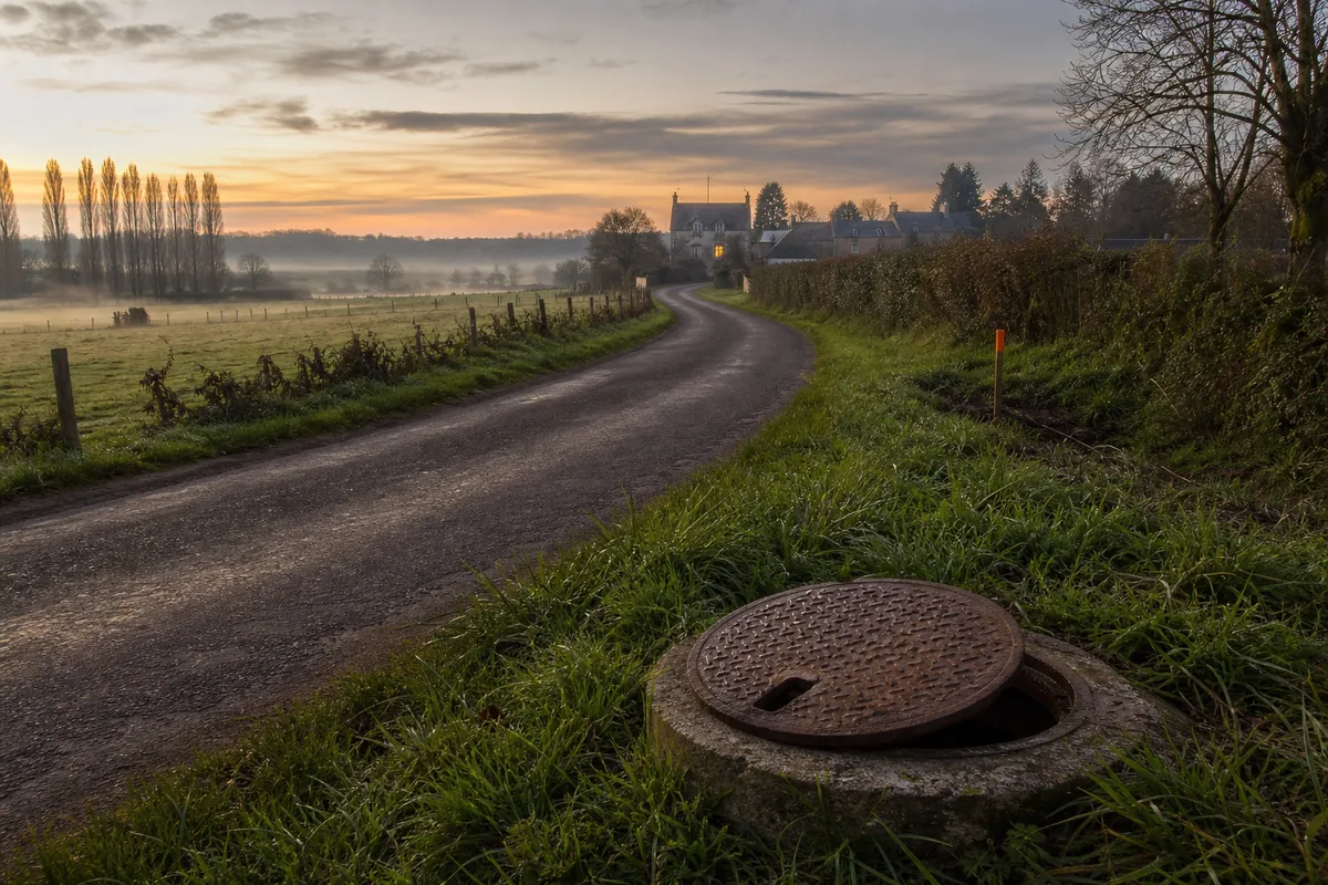 Vallée de la Blaise au crépuscule, maison de bourg en pierre et route de campagne bordée de haies