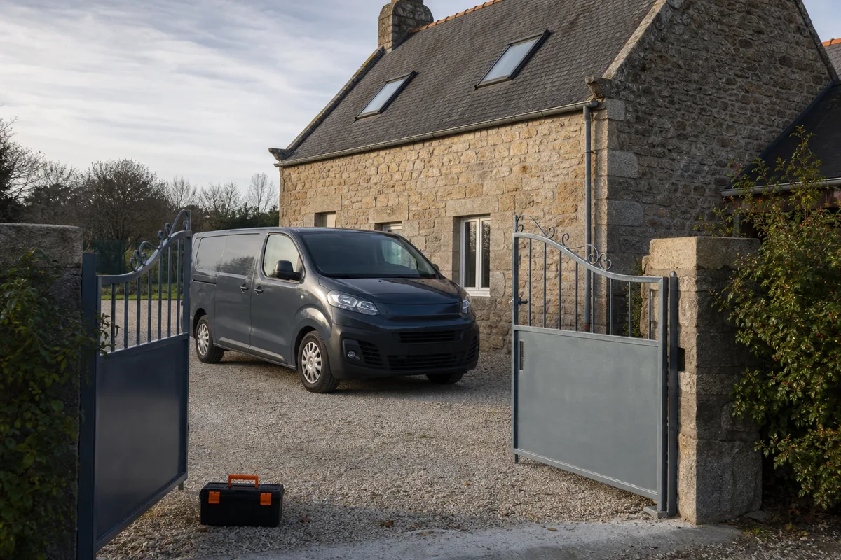 Maison de bourg en granit du Faouët en fin de journée, camionnette d&rsquo;artisan garée devant un portail