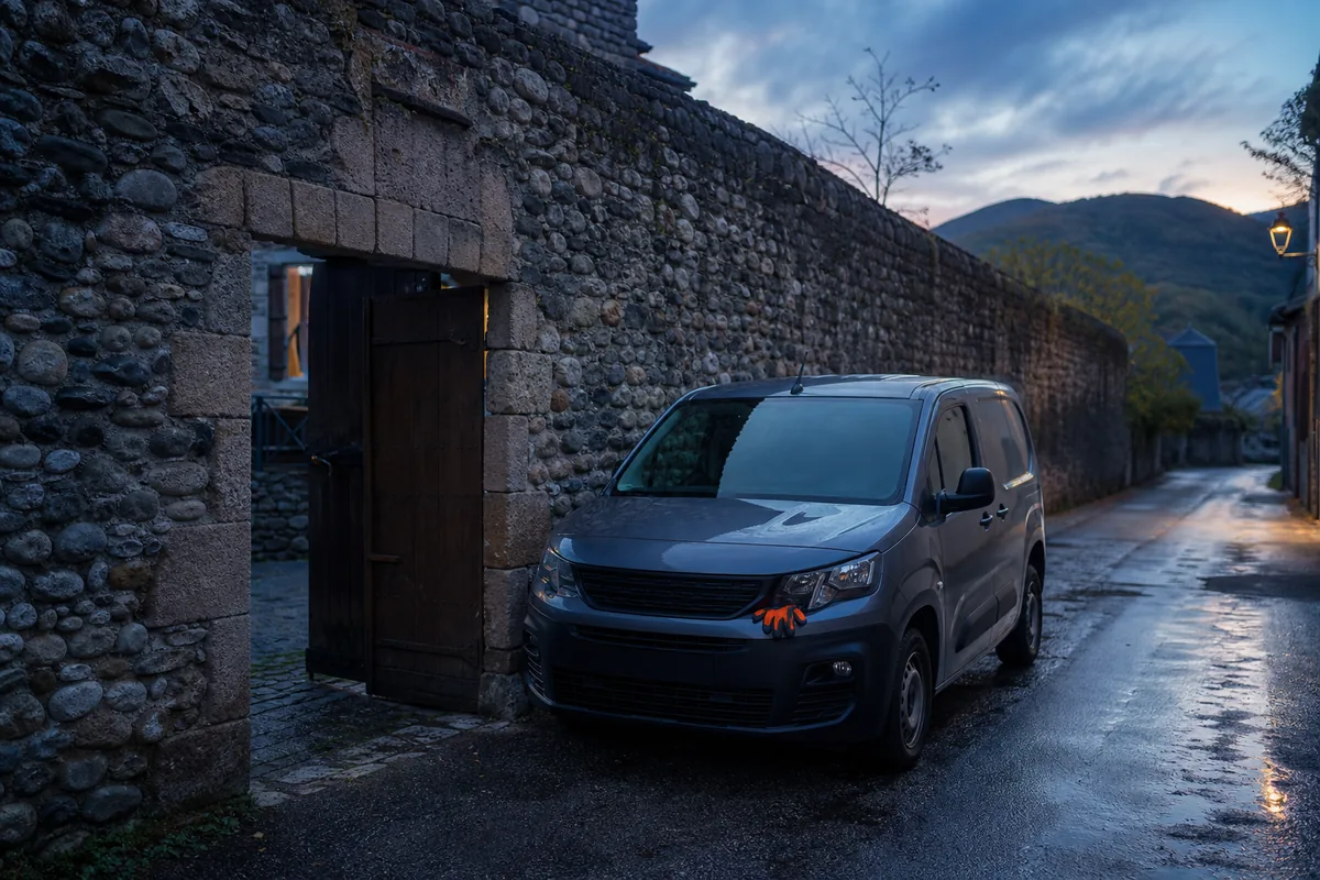 Bourg béarnais en fin de journée, camionnette d&rsquo;artisan garée devant un mur de galets