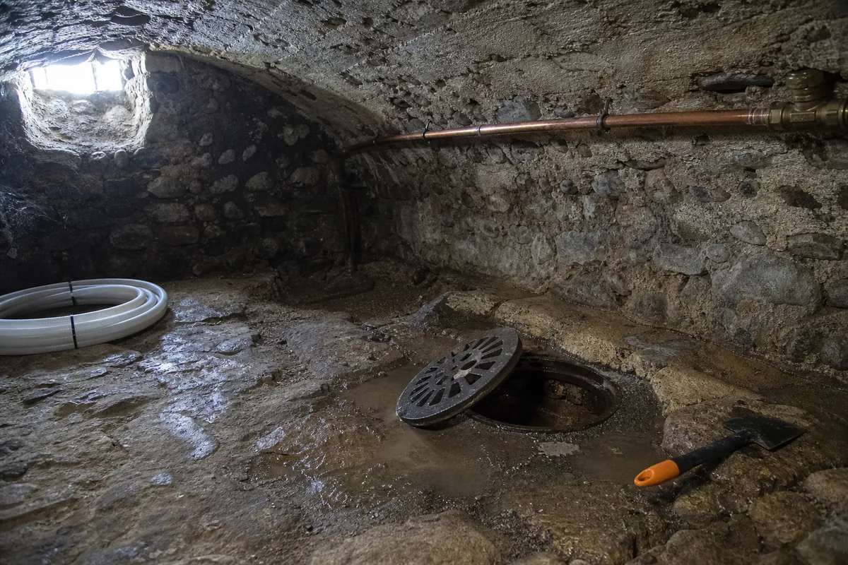 Cave voûtée en pierre d&rsquo;une maison béarnaise, regard d&rsquo;évacuation ouvert au sol et flaque résiduelle