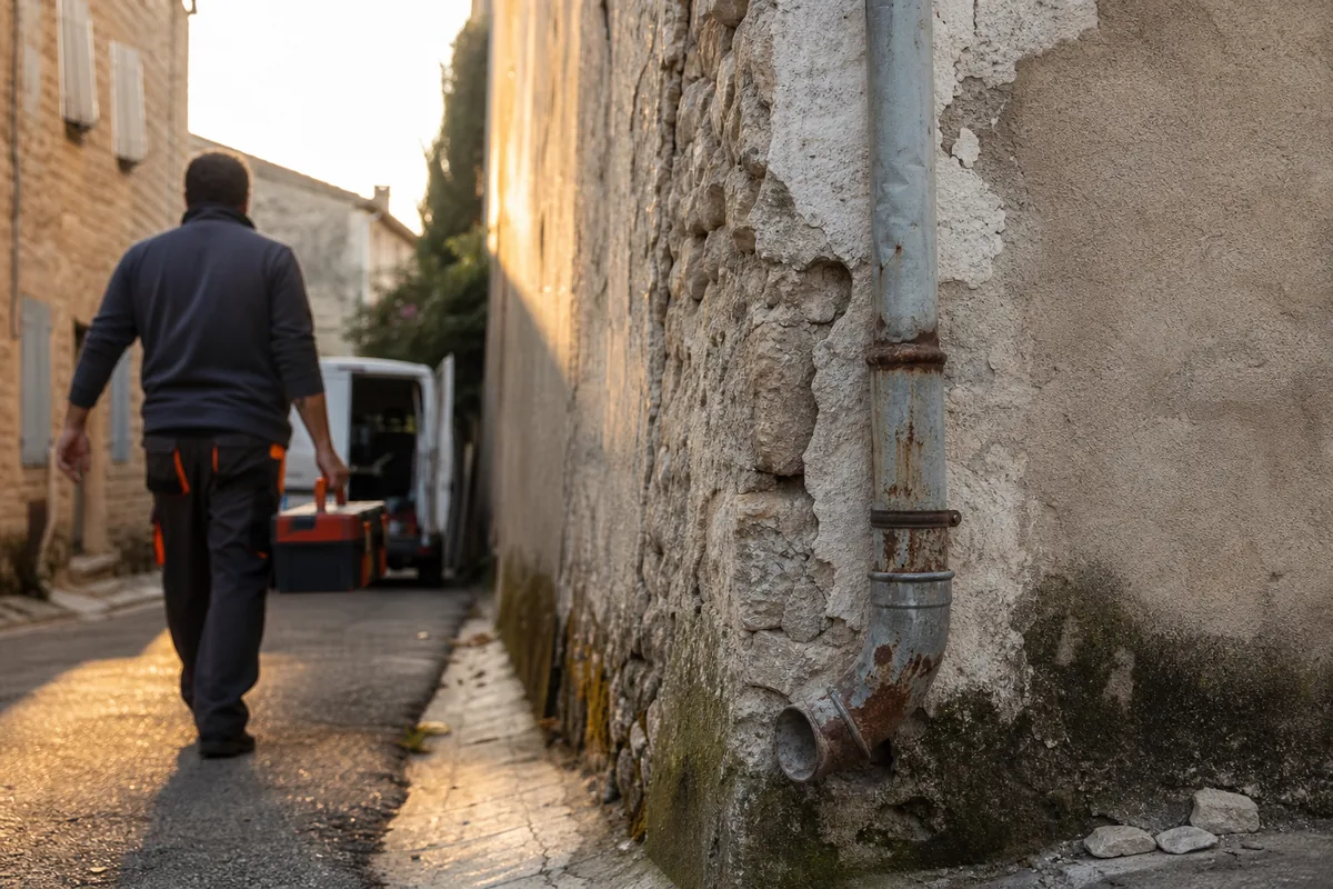 Ruelle de bourg en pierre du sud Luberon en fin de journée, camionnette d&rsquo;artisan garée devant un portail