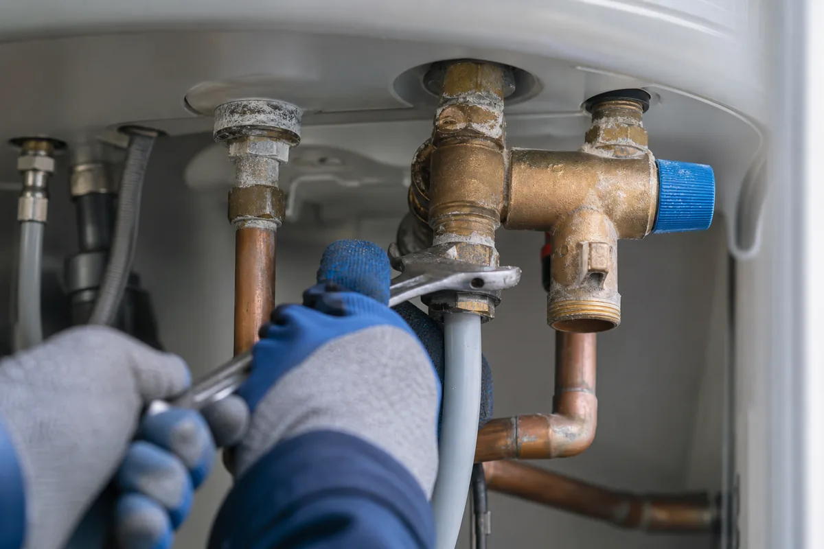 Gros plan sur des raccords en cuivre et laiton entartrés sous un chauffe-eau, mains gantées d&rsquo;artisan