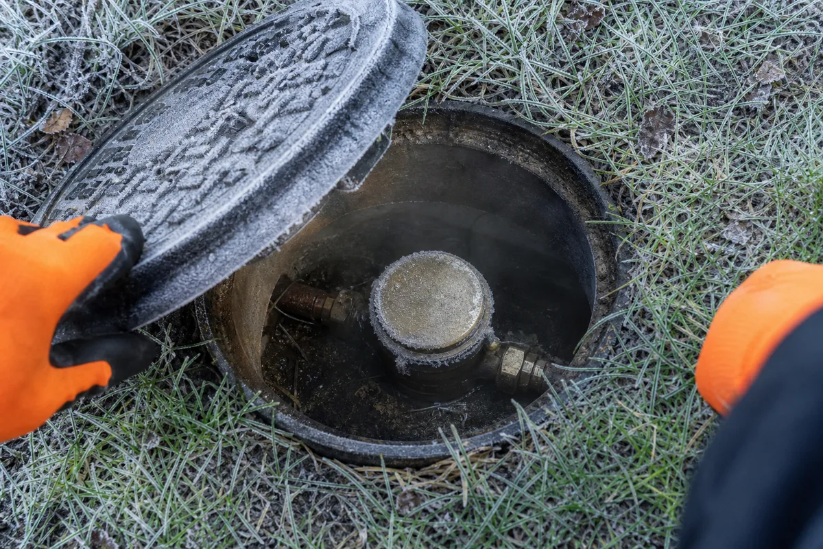 Compteur d&rsquo;eau dans un regard extérieur ouvert, givre sur le couvercle en fonte, matin d&rsquo;hiver dans la campagne de l&rsquo;Albanais