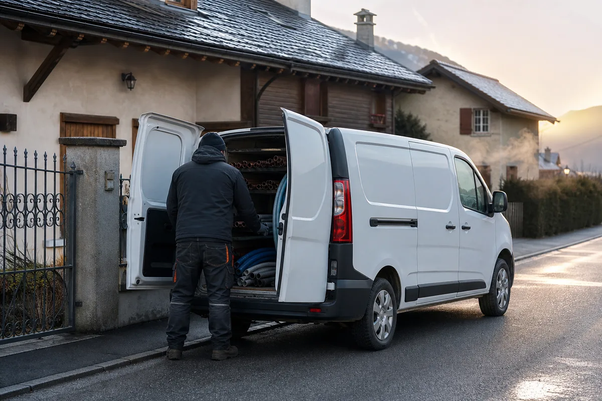 Camionnette d&rsquo;artisan garée devant un portail de maison de bourg savoyarde, fin de journée d&rsquo;hiver, lumière rasante sur les toits