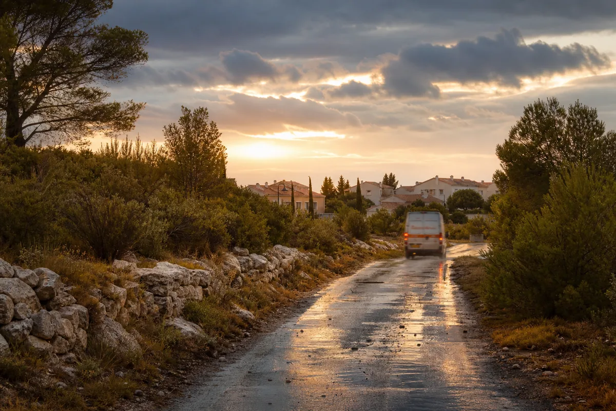 Route de garrigue en fin de journée menant vers des maisons de bourg à l&rsquo;ouest de Montpellier