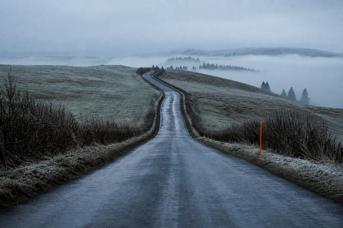 Route de crête des monts du Lyonnais au petit matin, chaussée humide et brume dans la vallée