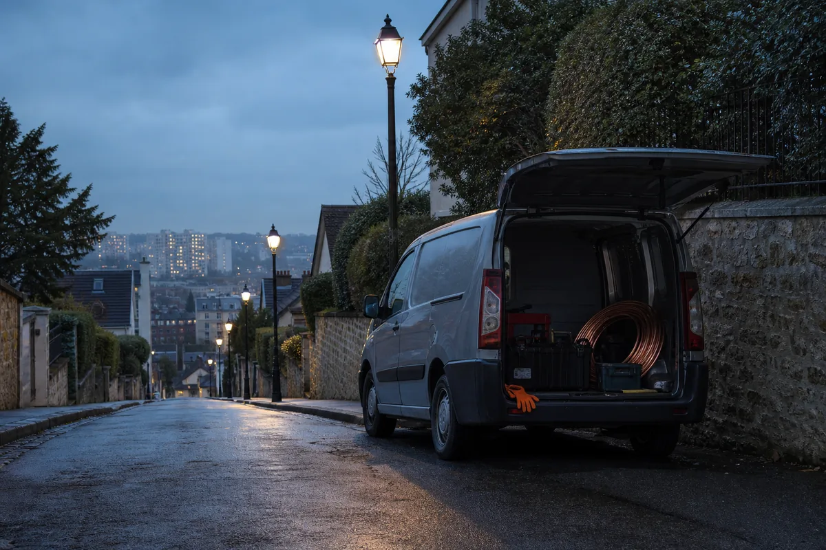 Rue en pente d&rsquo;un quartier pavillonnaire des coteaux du Parisis en fin de journée, camionnette d&rsquo;artisan garée le long d&rsquo;un mur de meulière