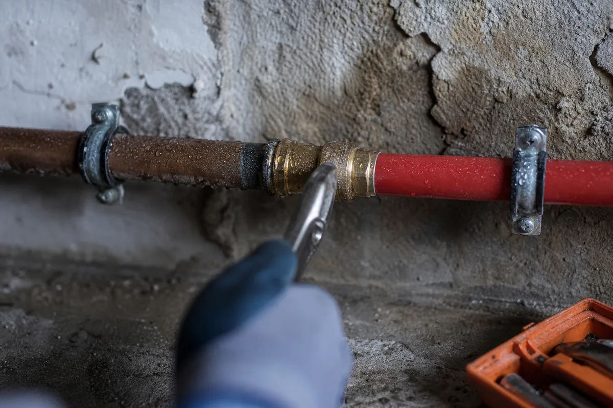 Gros plan sur des raccords de cuivre et de PER sur une canalisation ancienne, dans un sous-sol de maison en meulière éclairé par un soupirail