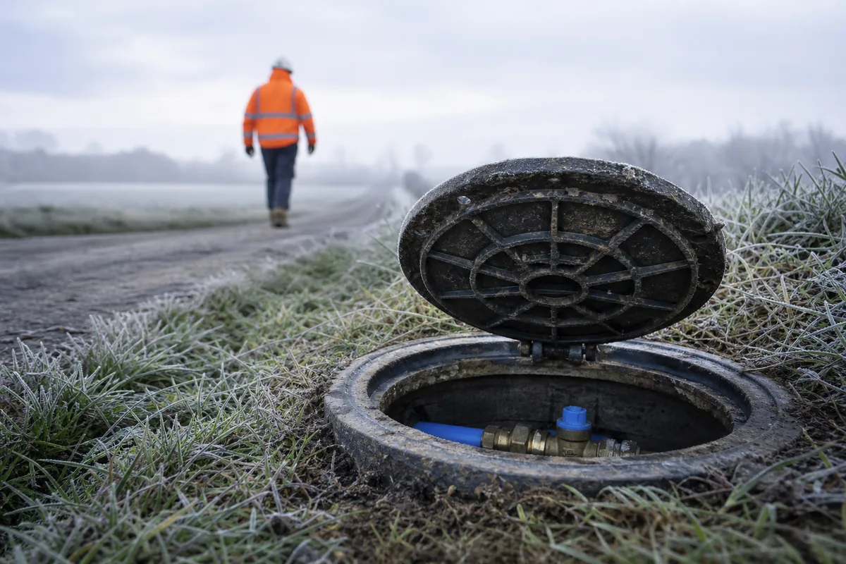 Compteur d’eau dans un regard extérieur ouvert au bord d’une route de campagne